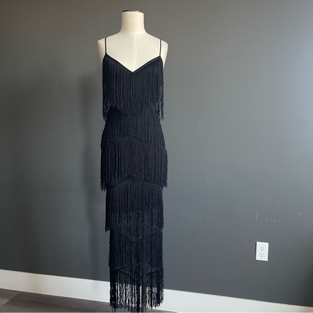 Black Fringe Maxi Sheer Dress 1920s Flapper Evening Gatsby Formal ASOS